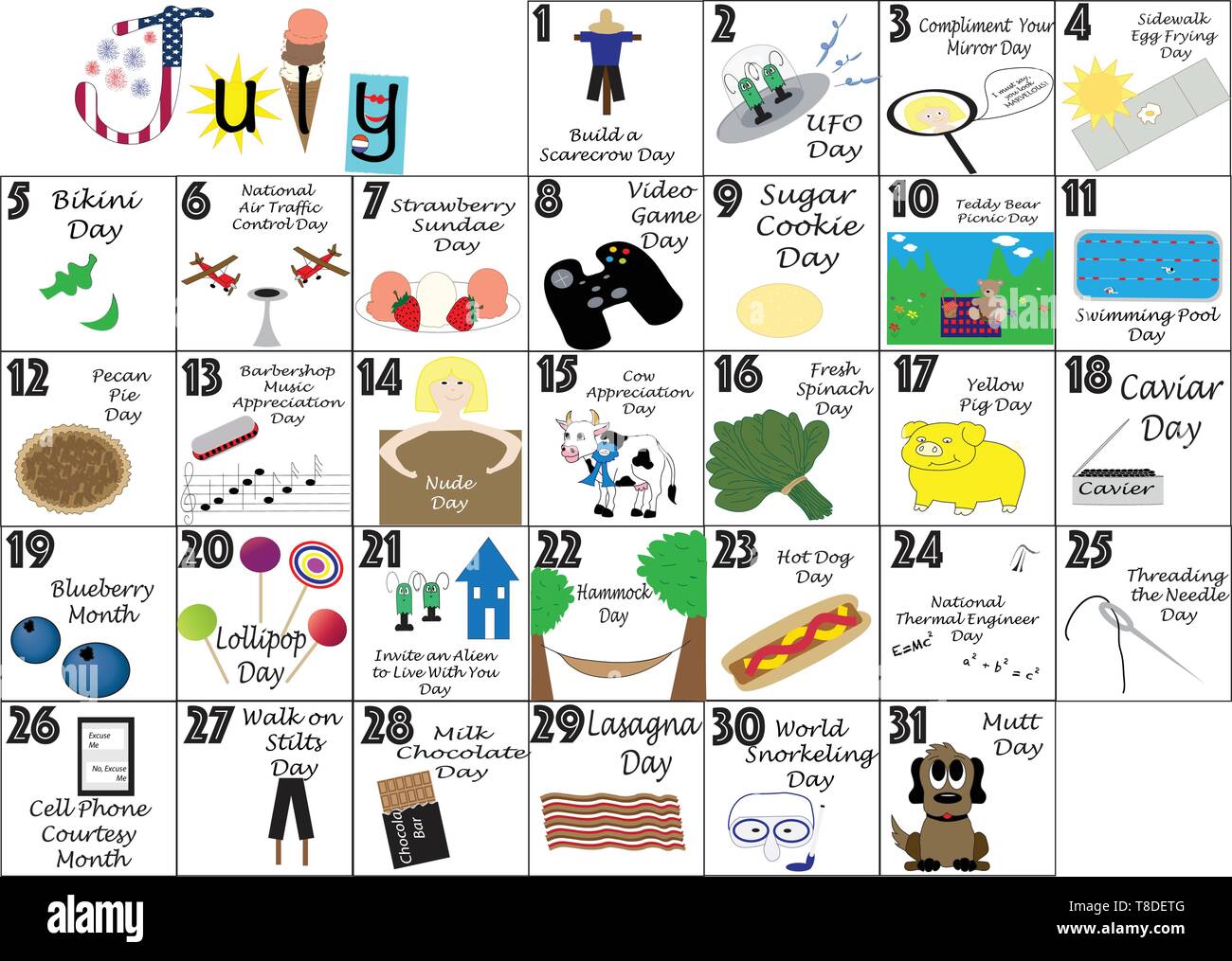 July 2020 calendar illustrated with daily Quirky Holidays and Unusual