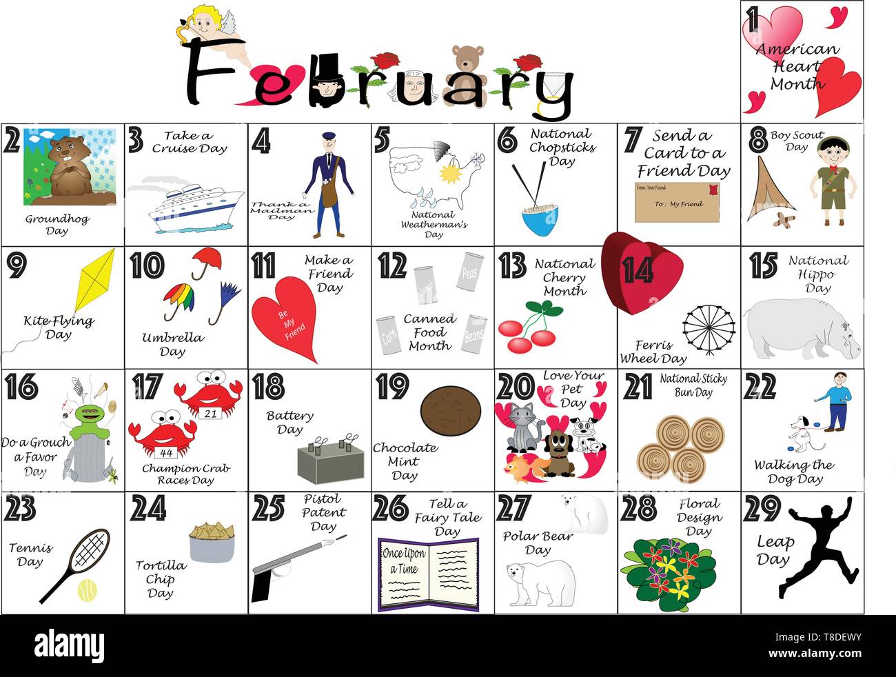 February 2020 calendar illustrated with daily Quirky Holidays and