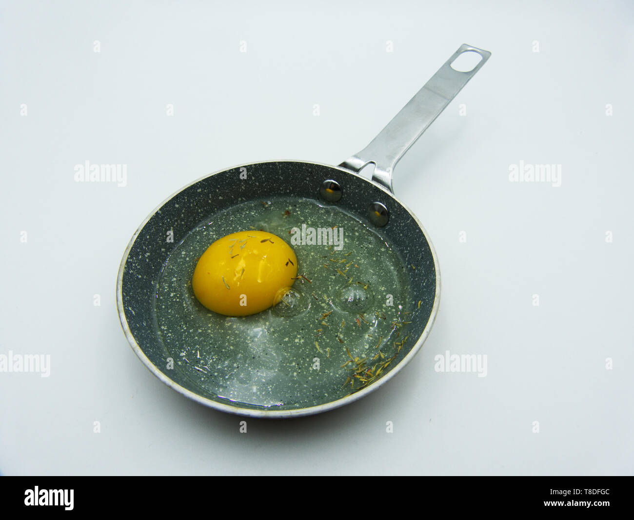 Fried egg in a frying pan on a white background Stock Photo