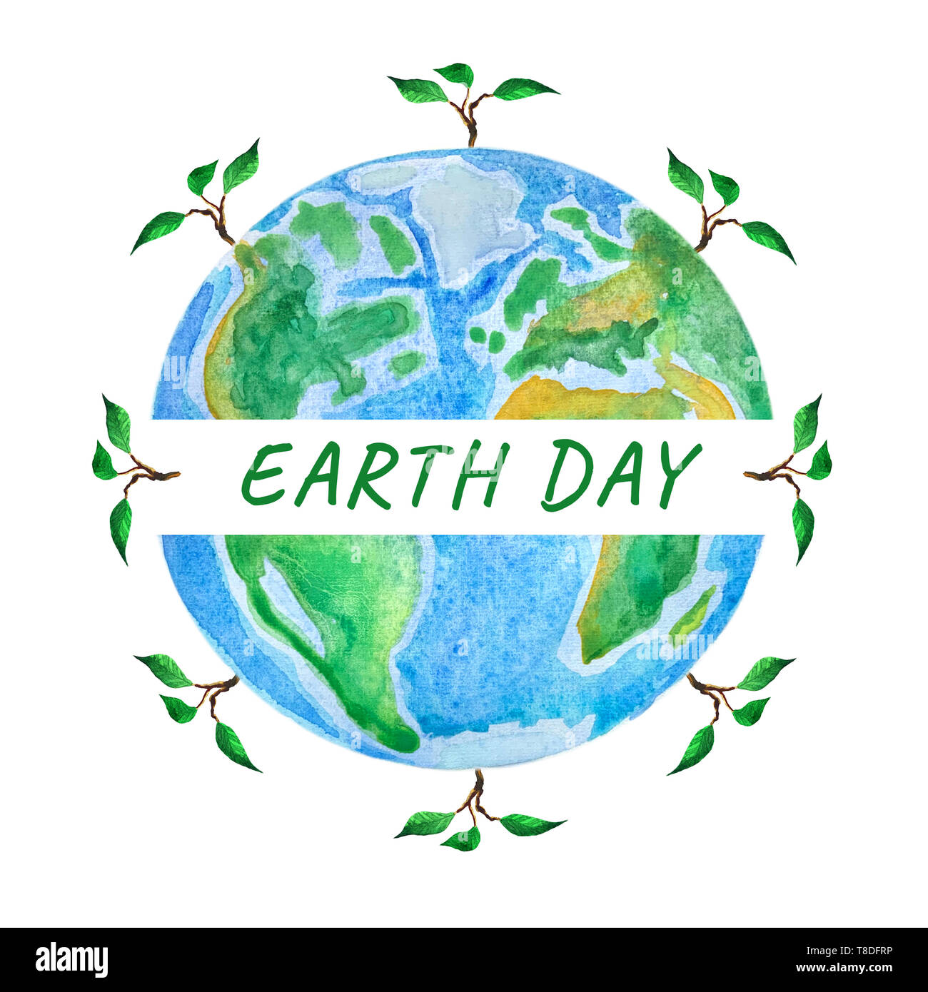 Earth day. Globe with tree sprout watercolor painting Stock Photo