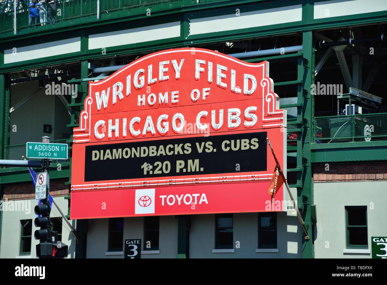 Chicago, Illinois, USA. The iconic marquee above the main entry gate to Wrigley Field on a game day afternoon. Stock Photo