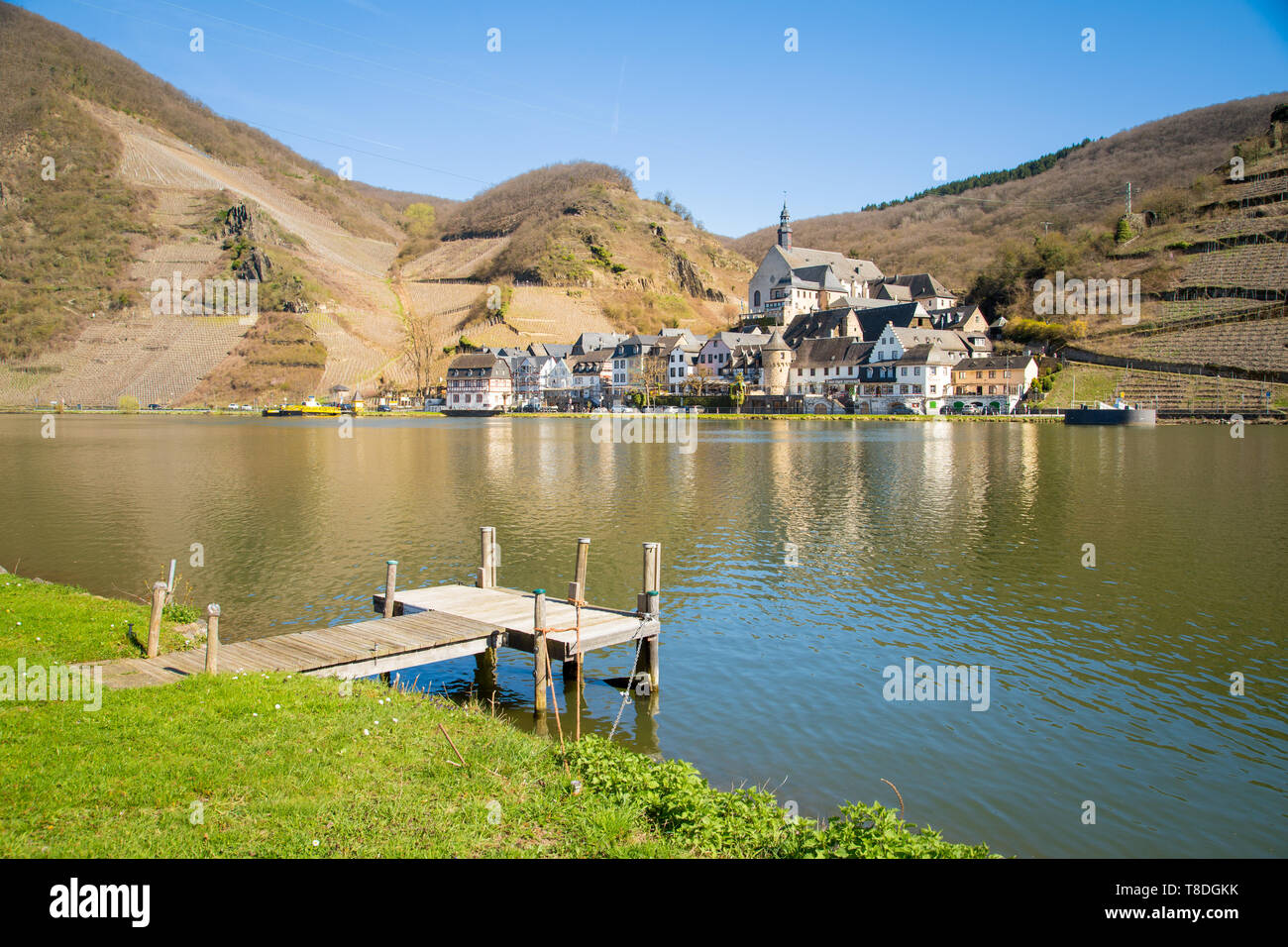 Beautiful view of the historic town of Beilstein with Mosel river in scenic evening light in springtime, Rheinland-Pfalz, Germany Stock Photo