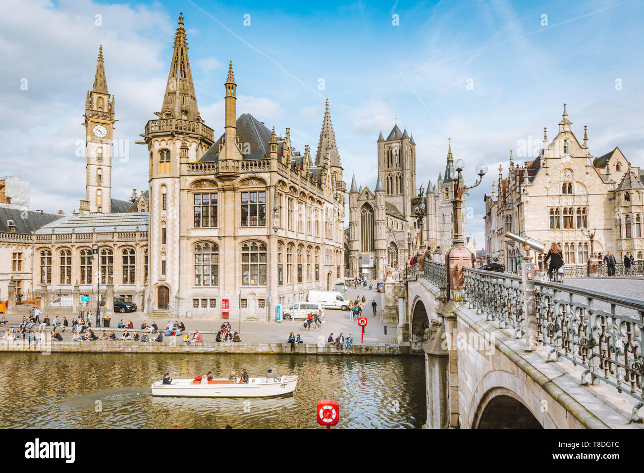 GENT, BELGIUM - March 29, 2017: Panoramic view of the historic city center of Ghent with Leie river on a sunny day, East Flanders region, Belgium Stock Photo