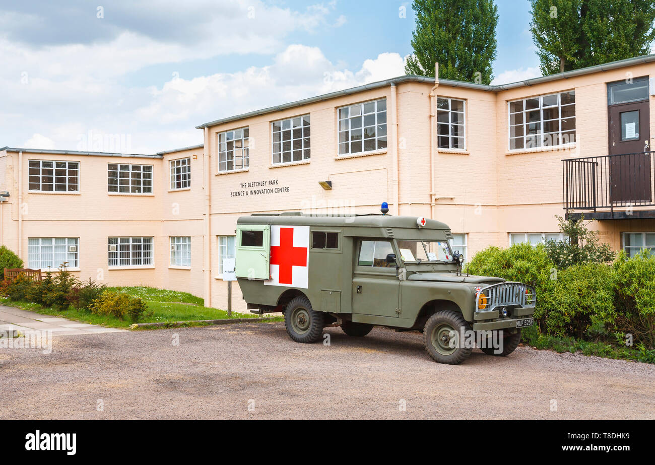 Vintage ambulance outside the Science & Innovation Centre at Bletchley Park, top-secret home of the World War Two Codebreakers, now a heritage museum Stock Photo