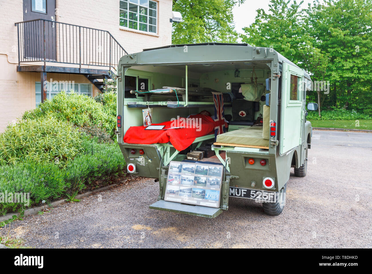 Vintage ambulance outside the Science & Innovation Centre at Bletchley Park, top-secret home of the World War Two Codebreakers, now a heritage museum Stock Photo
