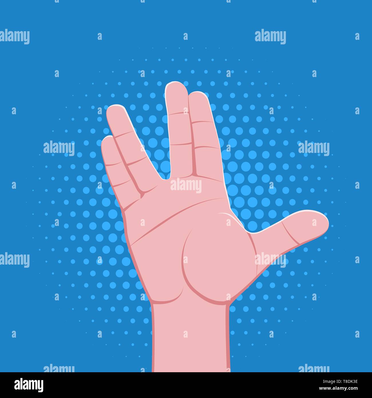 vector symbolic spread fingers male palm hand welcome hello spok gesture concept sign vintage illustration retro poster design isolated on blue dotted Stock Vector