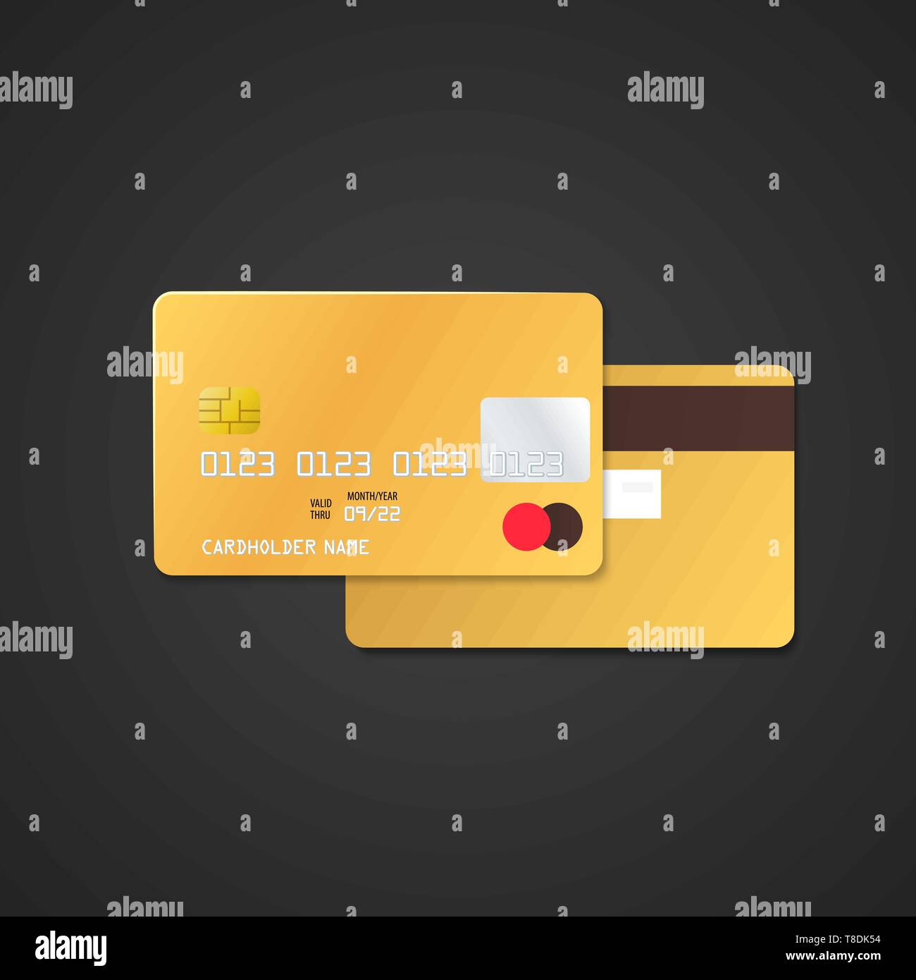 vector mock up gold vip blank plastic bank card face and back sides illustration realistic with shadow template design isolated on black background Stock Vector