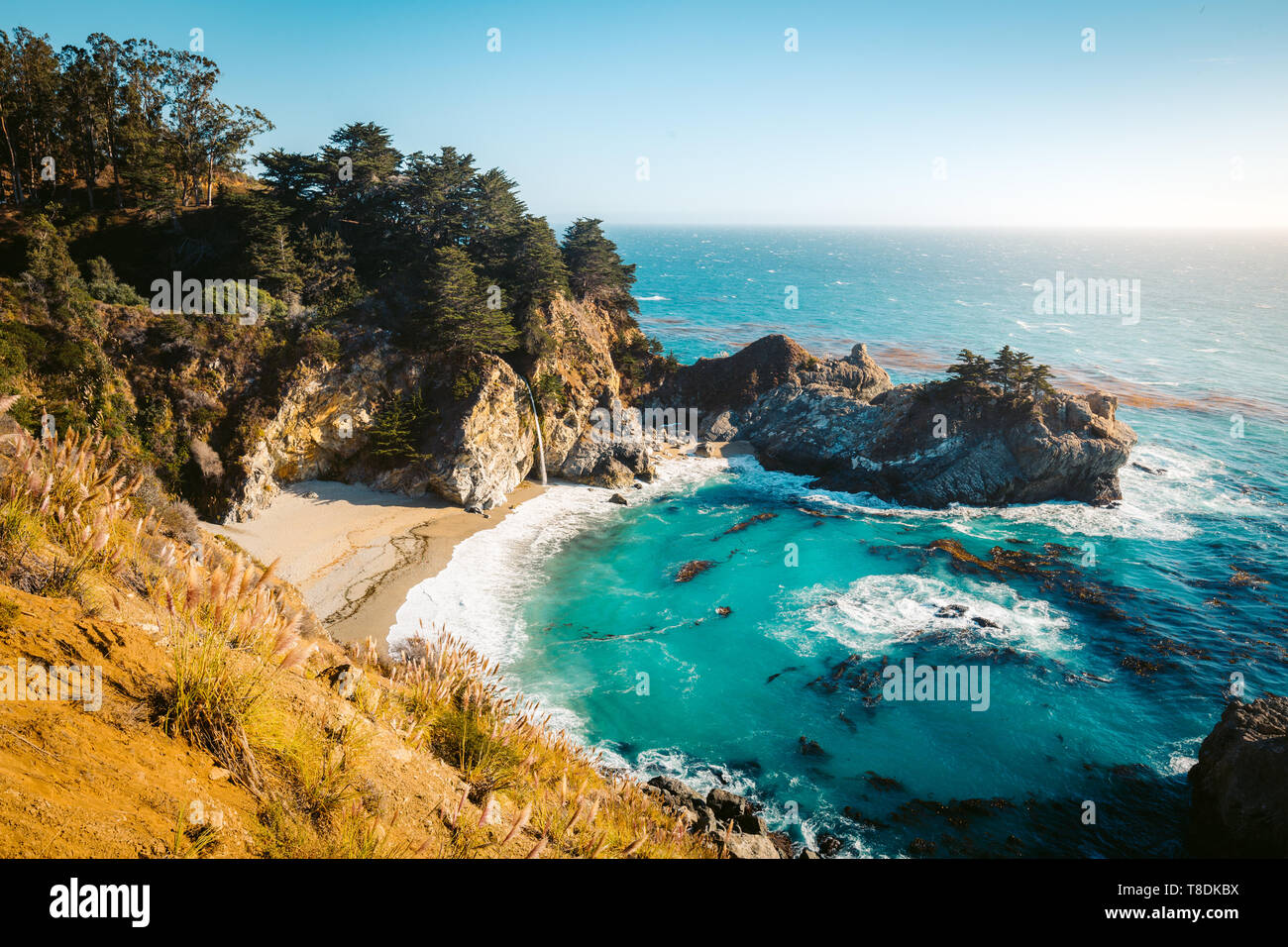 Famous McWay Falls in golden evening light at sunset on a beautiful sunny day with in summer, Julia Pfeiffer Burns Stae Park, Big Sur, California, USA Stock Photo