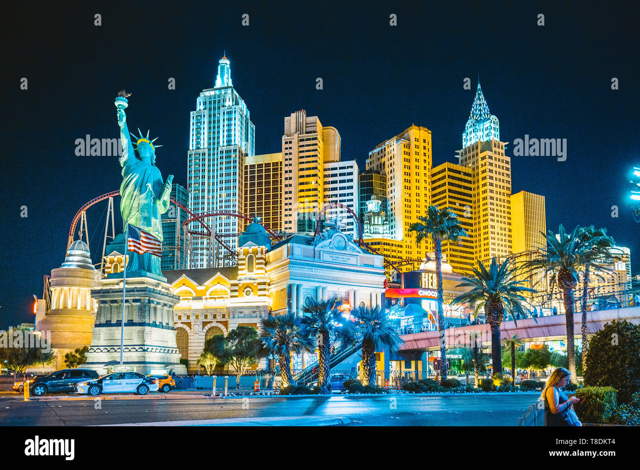 LAS VEGAS, USA - September 20, 2016: Colorful Downtown Las Vegas with world famous Strip and New York New York hotel and casino complex illuminated be Stock Photo