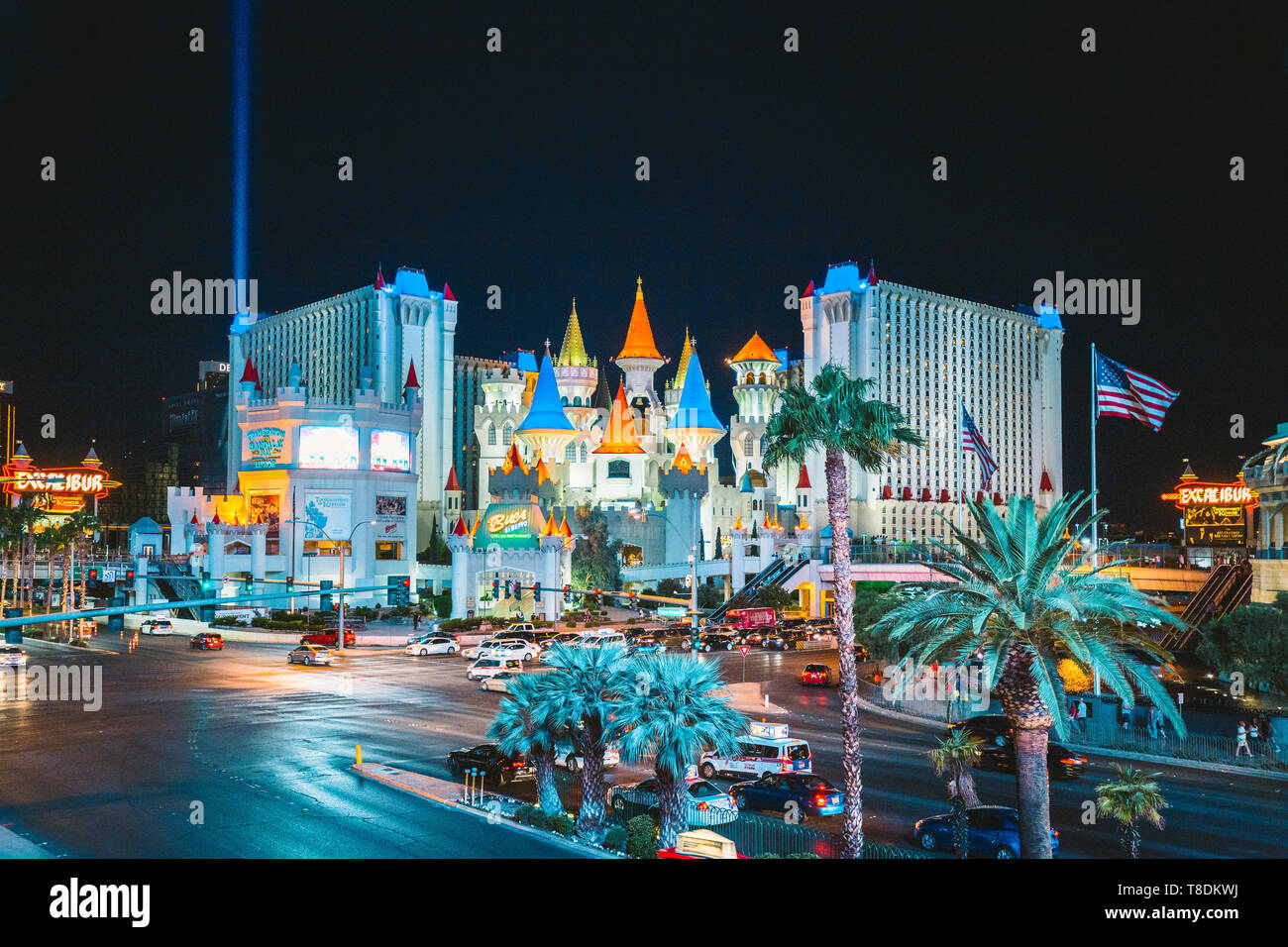 LAS VEGAS, USA - September 20, 2016: Colorful Downtown Las Vegas with world famous Strip and Excalibur hotel and casino complex illuminated beautifull Stock Photo