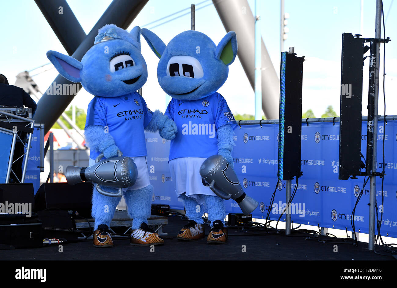 Manchester City mascots Moonchester and Moonbeam at the Etihad Stadium, Manchester. Stock Photo