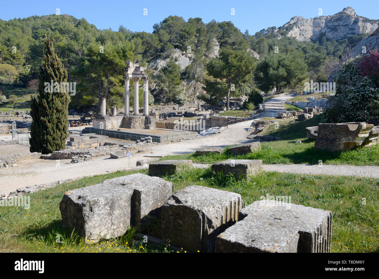 View over the Upper Town & Roman Temple in the Antique Roman Town or City of Glanum Saint Remy-de-Provence Provence France Stock Photo