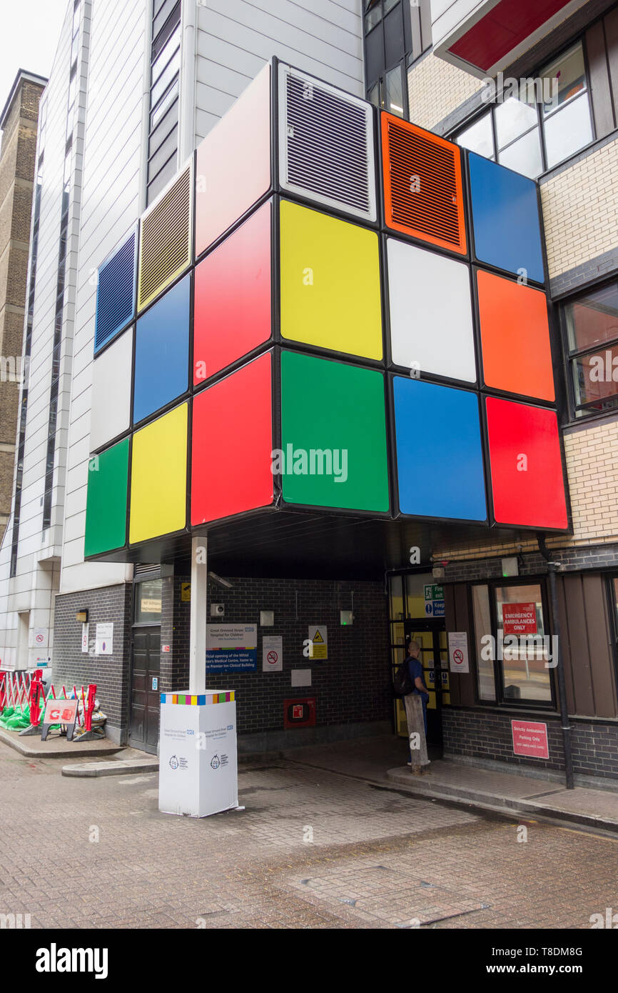 Rubik's cube type art installation outside Great Ormond Street Hospital in London, England, UK Stock Photo