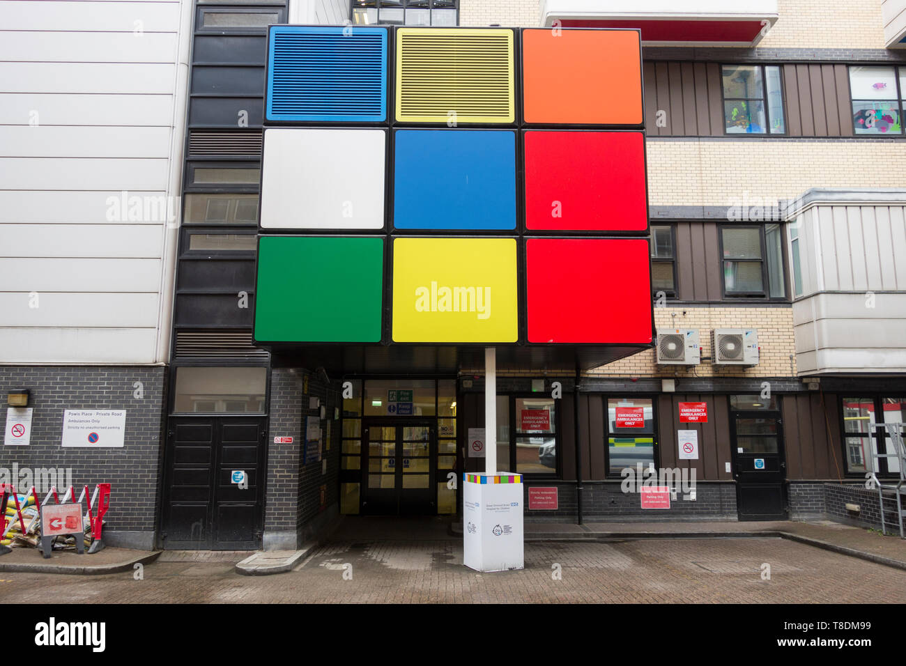 Rubik's cube type art installation outside Great Ormond Street Hospital in London, England, UK Stock Photo