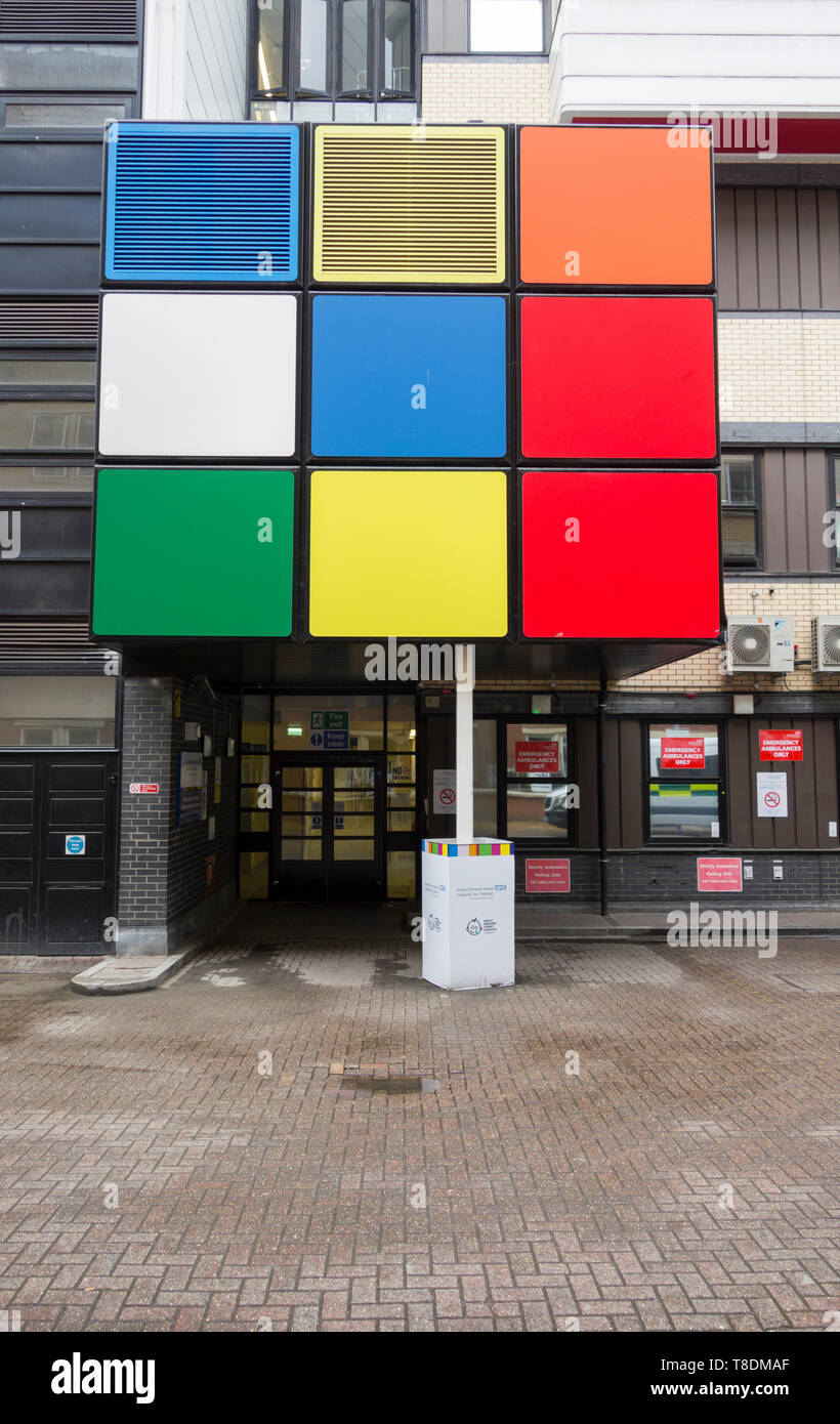 Rubik's cube type art installation outside Great Ormond Street Hospital in London, England, UK Stock Photo