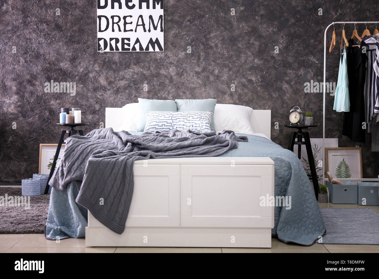 Big Bed With Soft Pillows In Stylish Interior Of Room Stock Photo