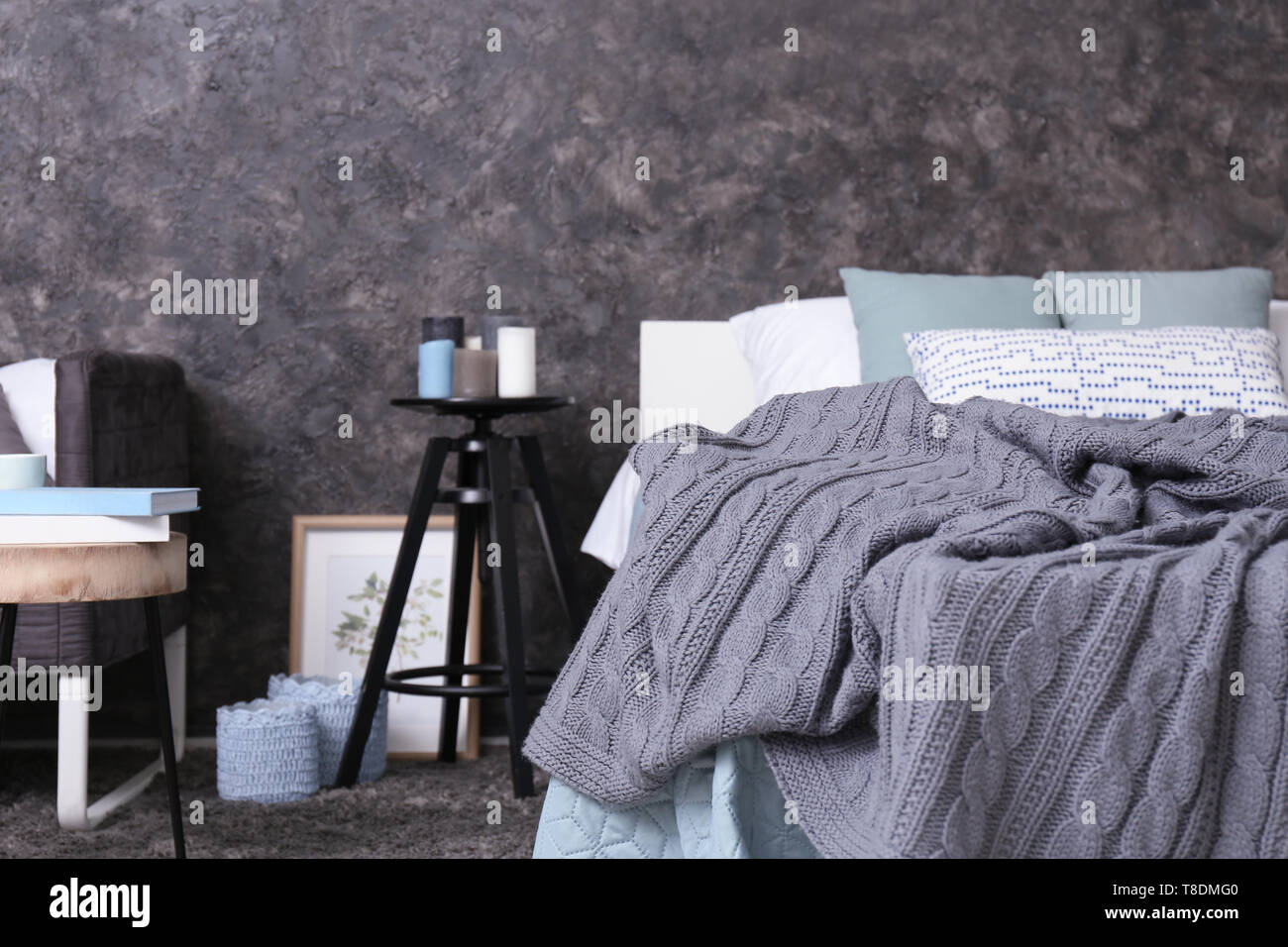 Big Bed With Soft Pillows In Stylish Interior Of Room Stock Photo