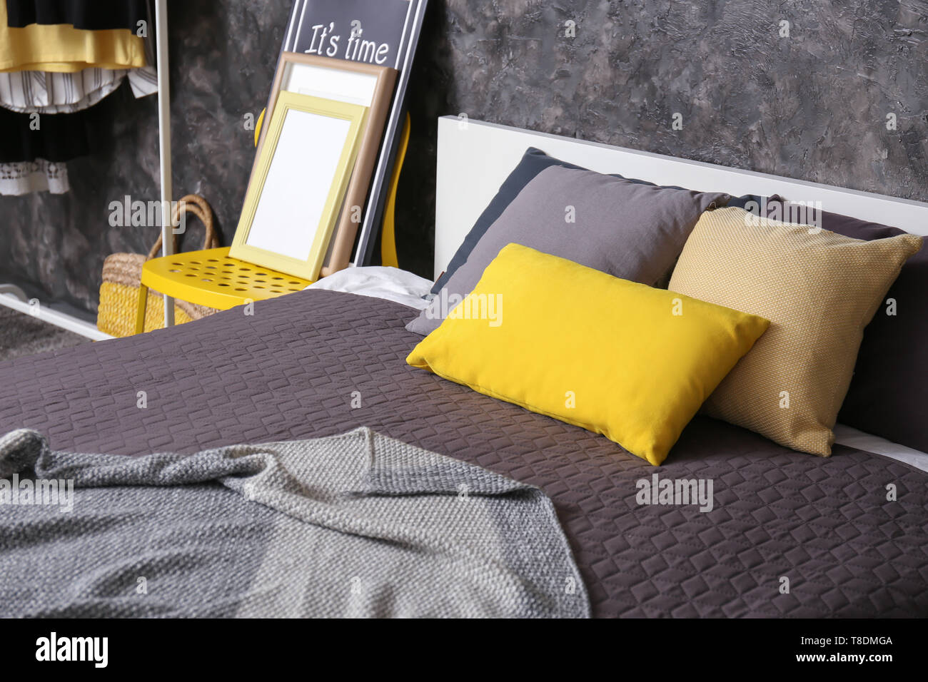 Big Bed With Soft Pillows In Stylish Interior Of Room Stock Photo