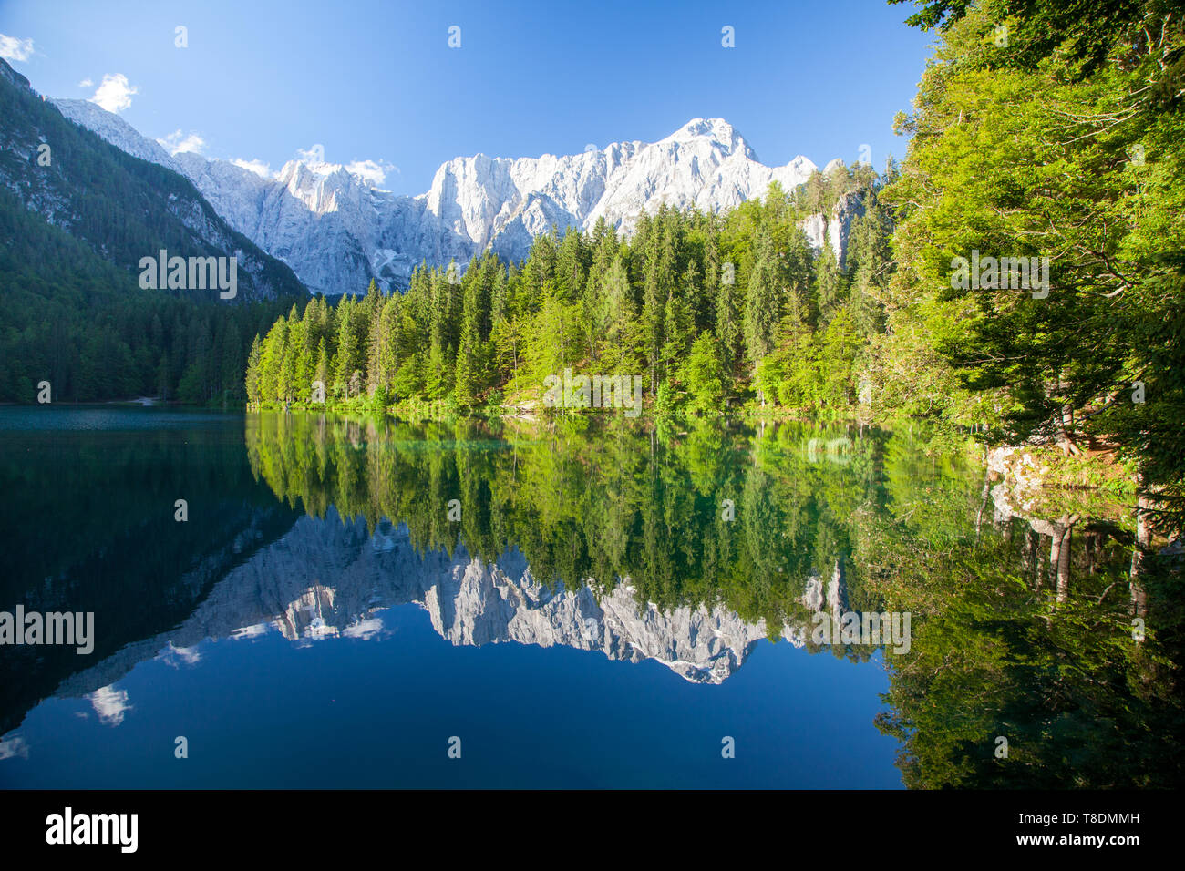 Beautiful tranquil morning view of famous Laghi di Fusinee in scenic morning light at sunrise, province of Udine, Friuli-Venezia Giulia, northern Ital Stock Photo