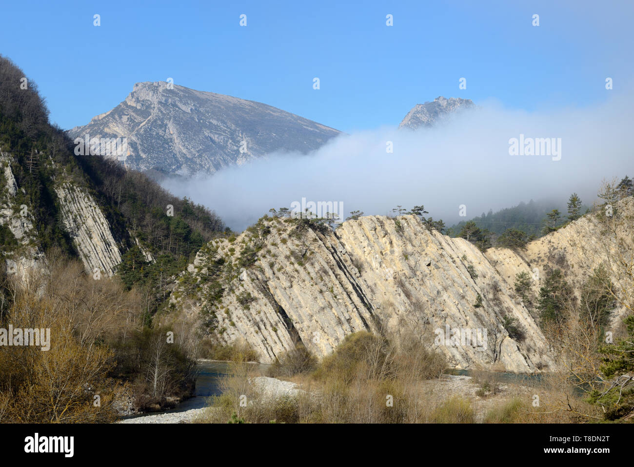 Landscape Image of Misty Morning or Morning Mist in the Verdon Gorge or Gorges du Verdon Nature Reserve Alpes-de-Haute-Provence Provence Stock Photo