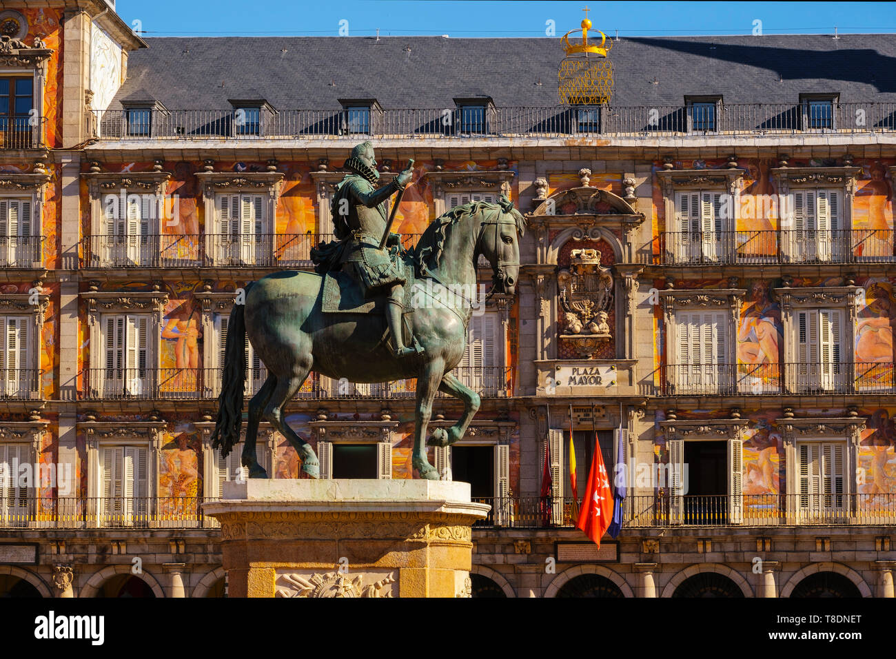 Equestrian monument of King Felipe III on Plaza Mayor. Madrid city, Spain. Europe Stock Photo