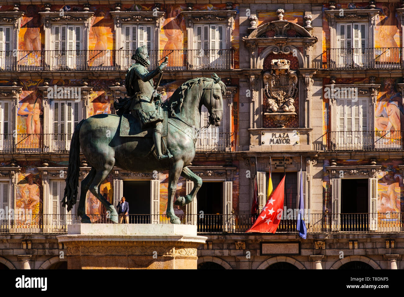 Equestrian monument of King Felipe III on Plaza Mayor. Madrid city, Spain. Europe Stock Photo