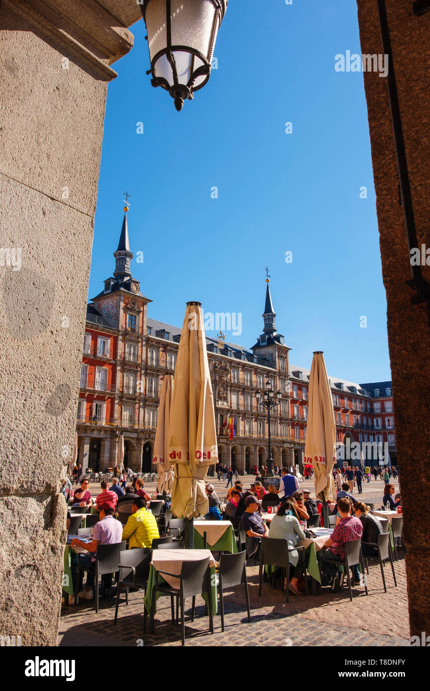 Cafes and restaurants on Plaza Mayor. Madrid city, Spain. Europe Stock Photo