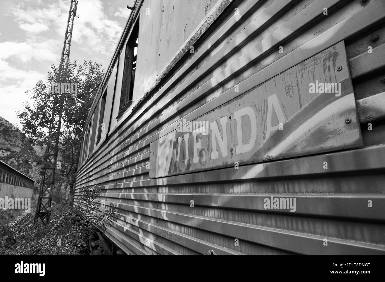 Detail of sleeping car train covered by graffiti at the abandoned Canfranc International railway station (Canfranc,Pyrenees,Huesca,Aragon,Spain) B&W Stock Photo