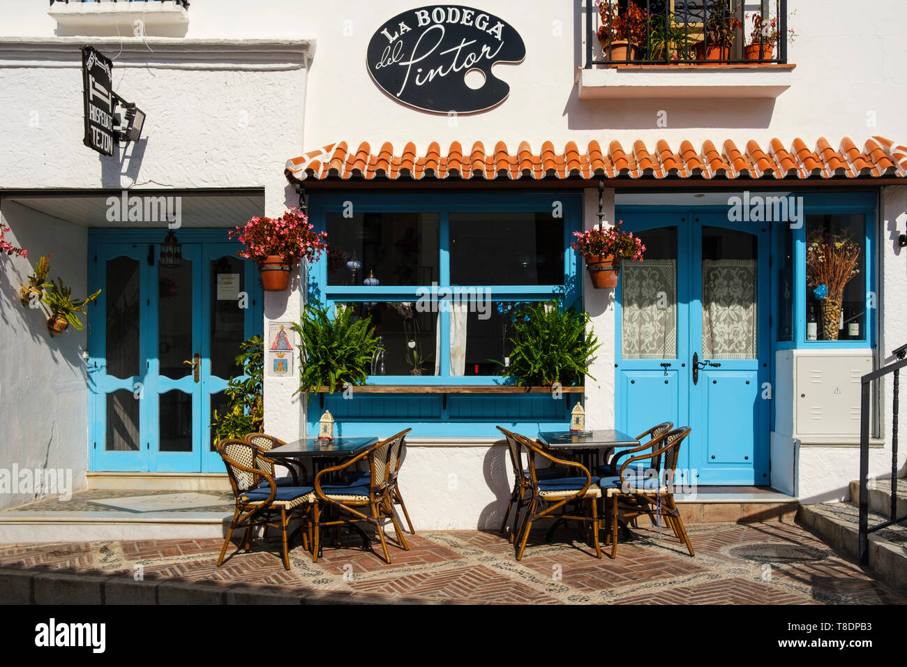 Bar Restaurant la Bodega del Pintor, typical white village of Mijas. Costa del Sol, Málaga province. Andalusia, Southern Spain Europe Stock Photo