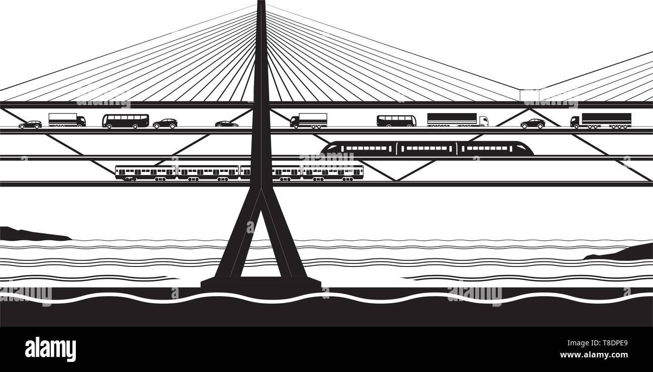 Multifunctional transportation bridge cross the river - vector illustration Stock Vector