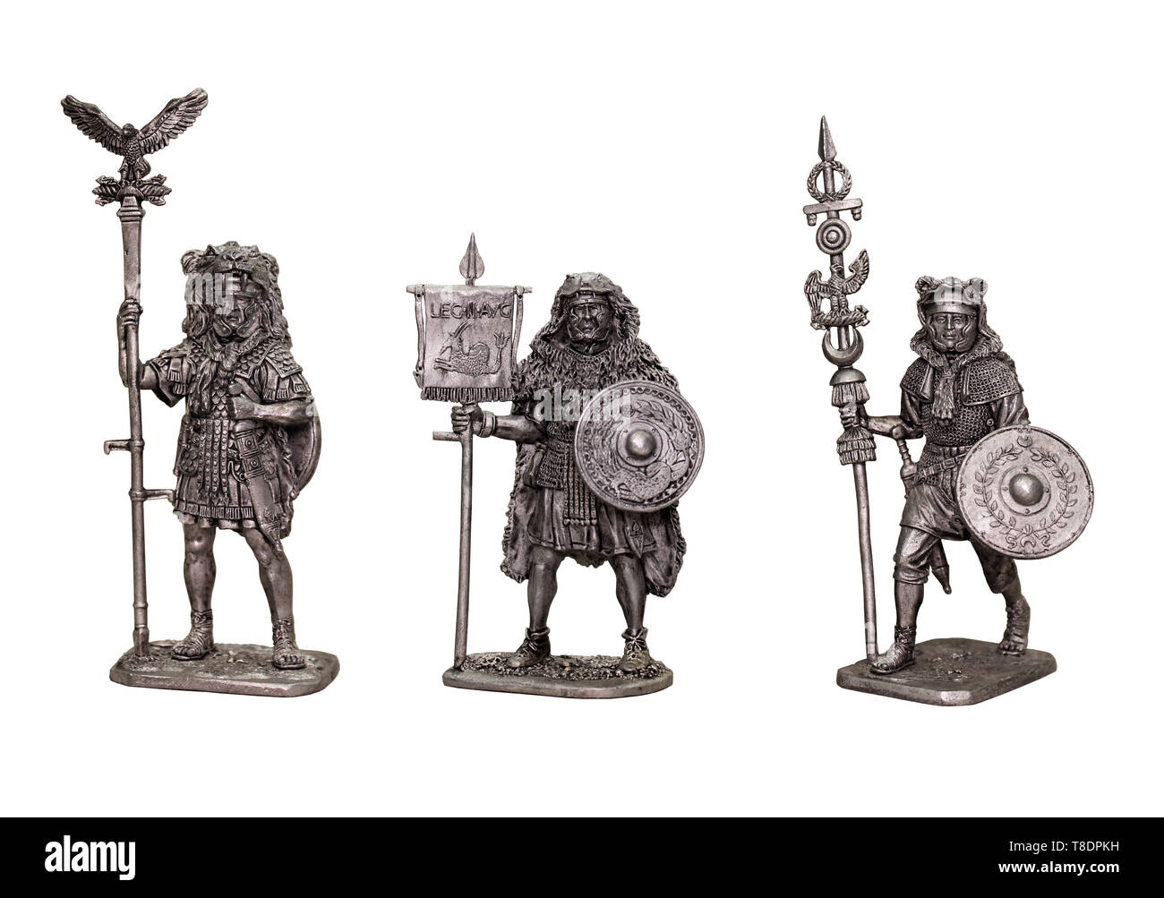 Tin soldiers roman legionary. Set of 3 roman soldiers. Roman Aquilifer, Signifer and Vexillarius. Stock Photo