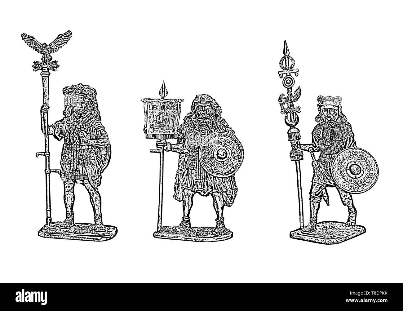 Roman legionary illustration. Set of 3 roman soldiers. Roman Aquilifer, Signifer and Vexillarius. Stock Photo