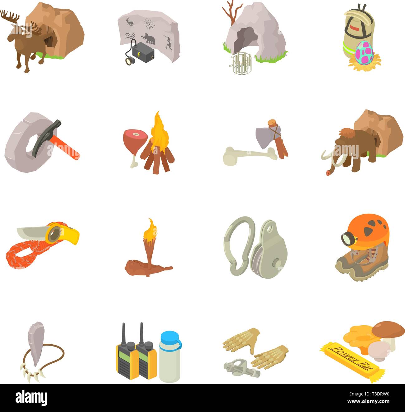 Cave exploration icons set, isometric style Stock Vector