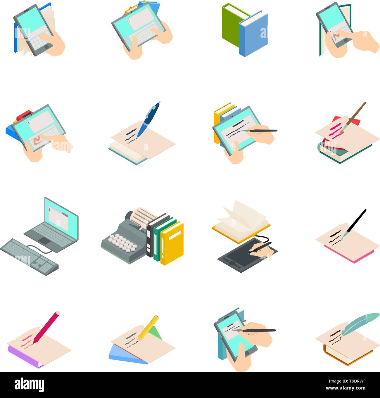 Novelist icons set, isometric style Stock Vector