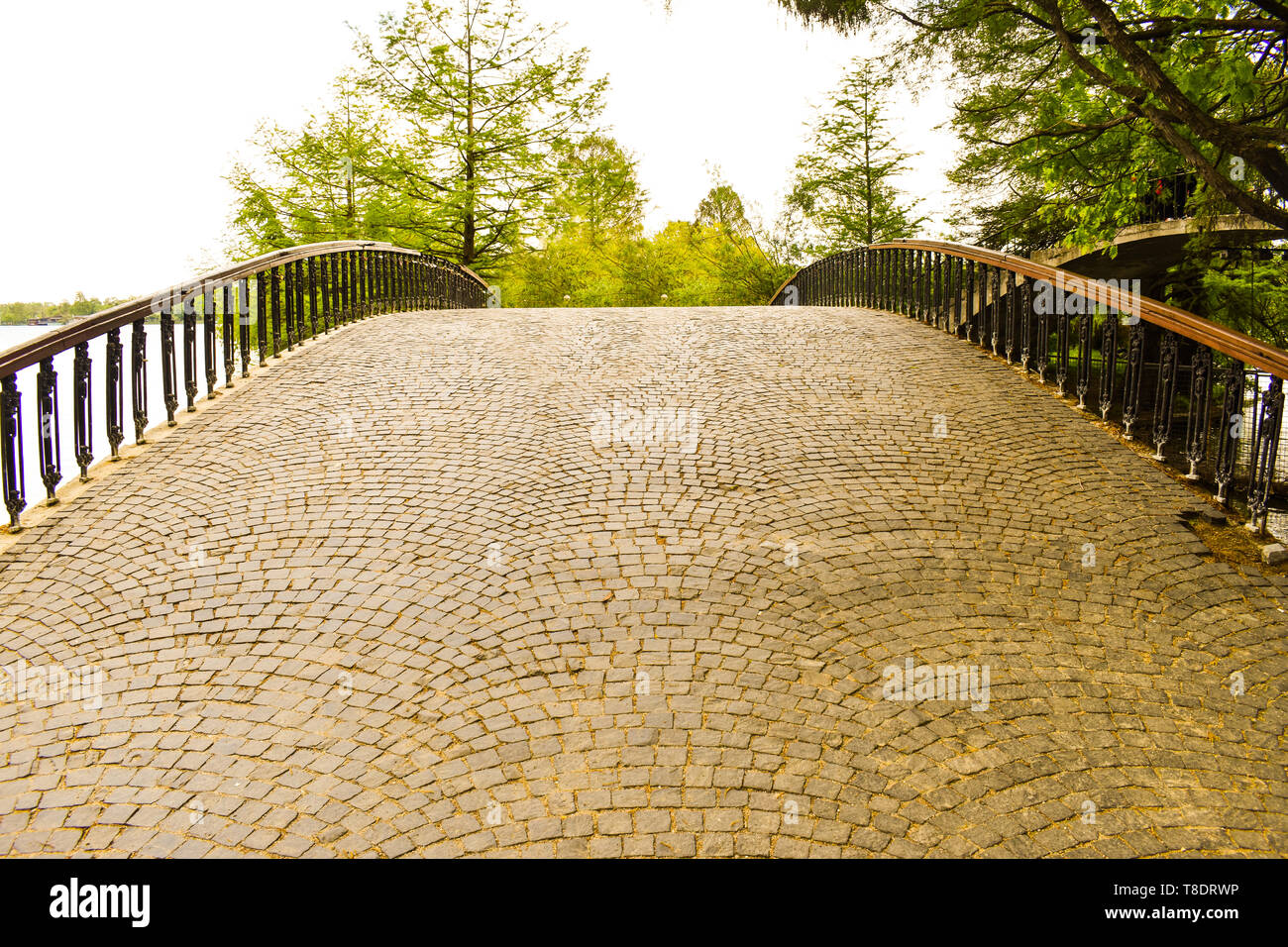 Empty vintage bow bridge in Herastrau Park from Bucharest at spring beautiful day Stock Photo