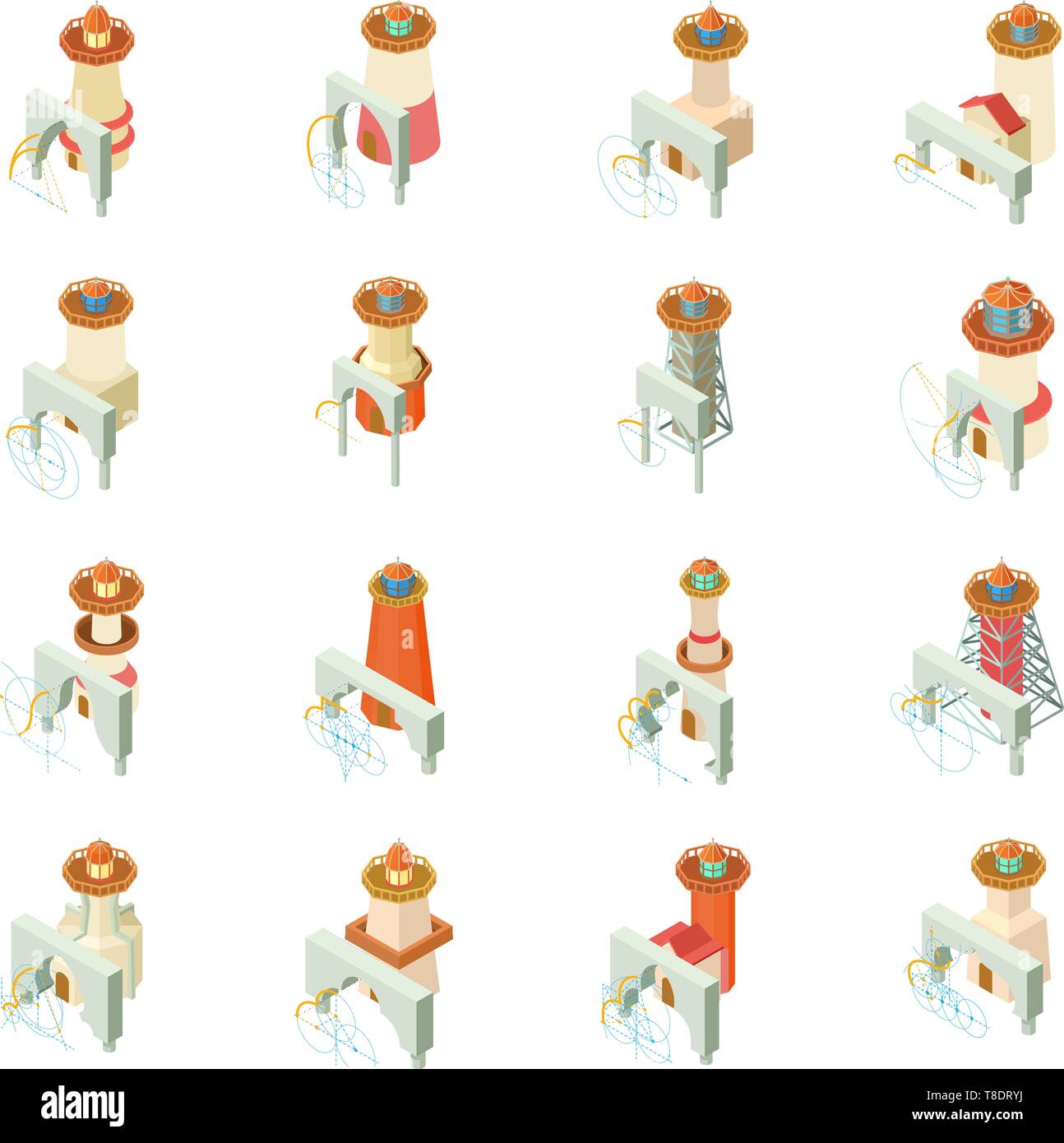 Arche lighthouse icons set, isometric style Stock Vector