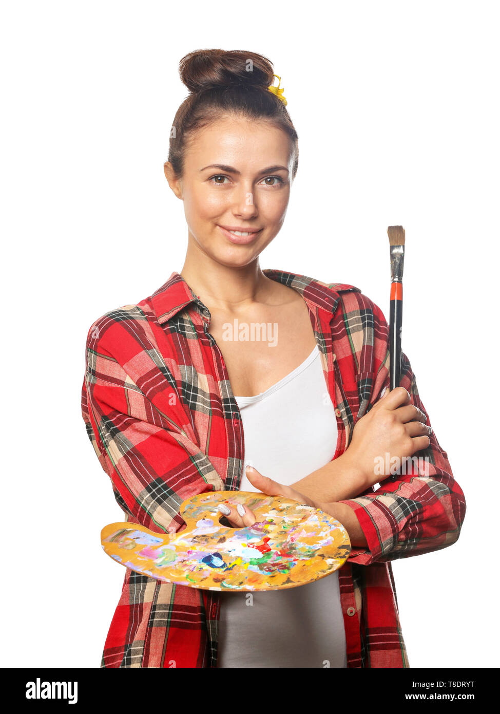 Female artist with brush and paint palette on white background Stock ...
