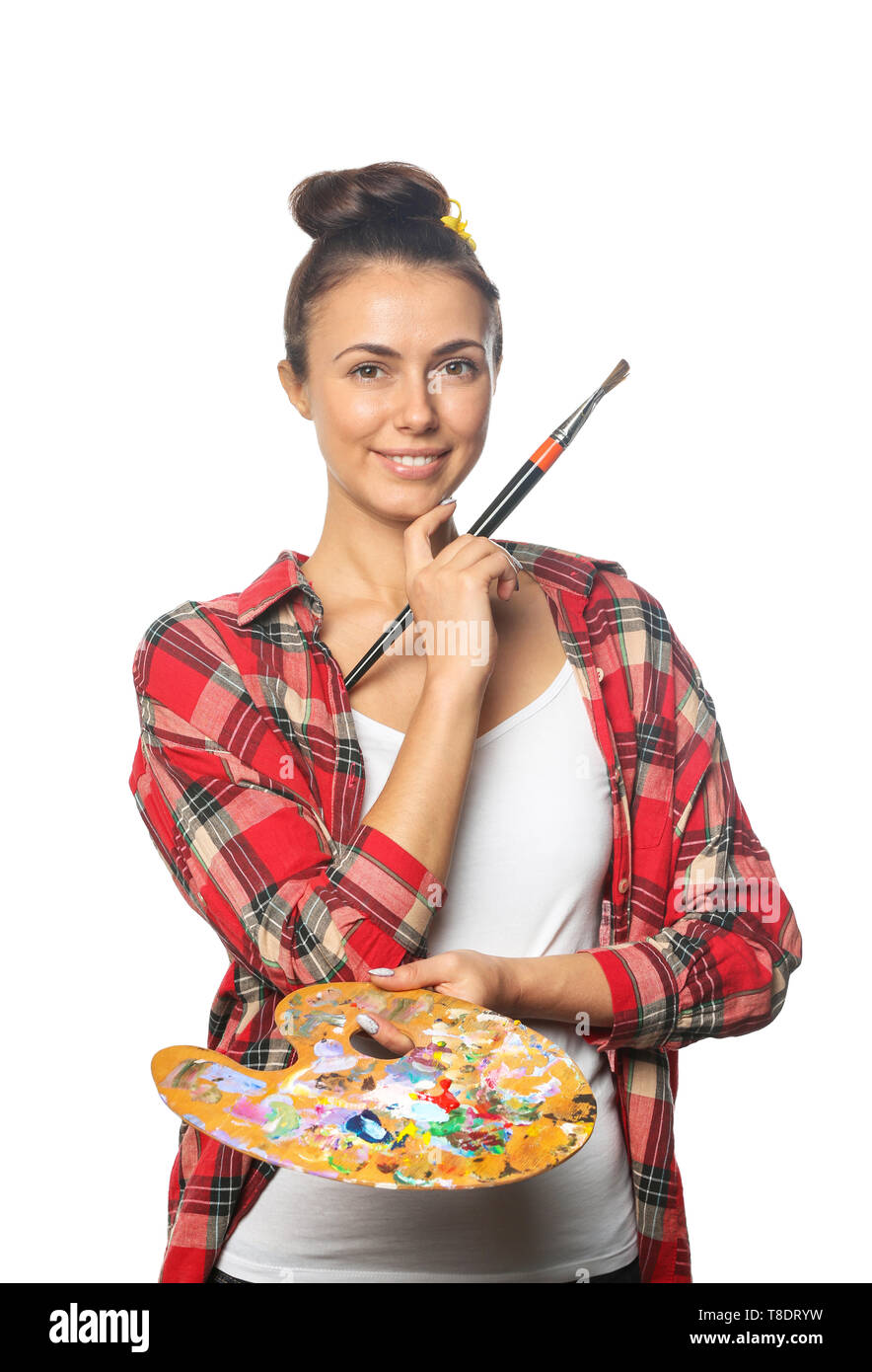 Female artist with brush and paint palette on white background Stock ...
