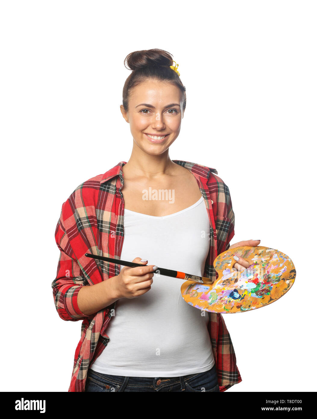 Female artist with brush and paint palette on white background Stock ...