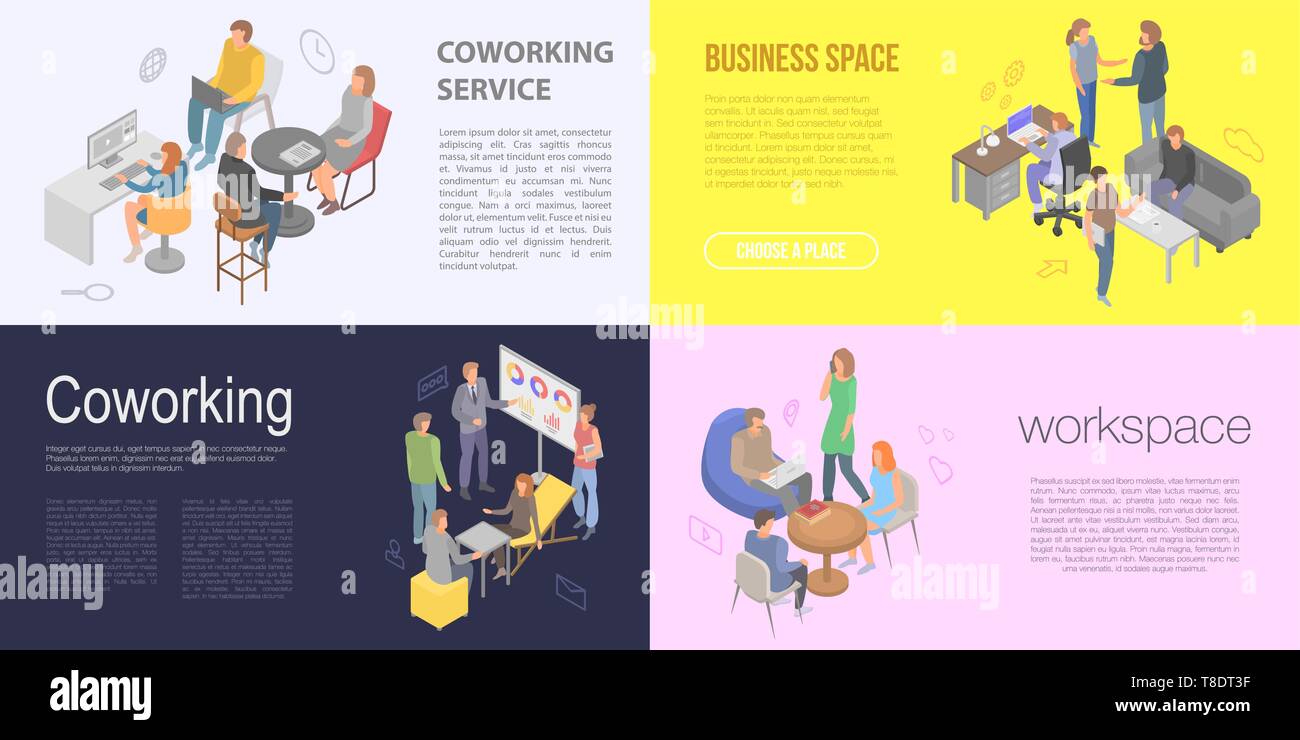 Coworking Banner Set Isometric Style Stock Vector Art
