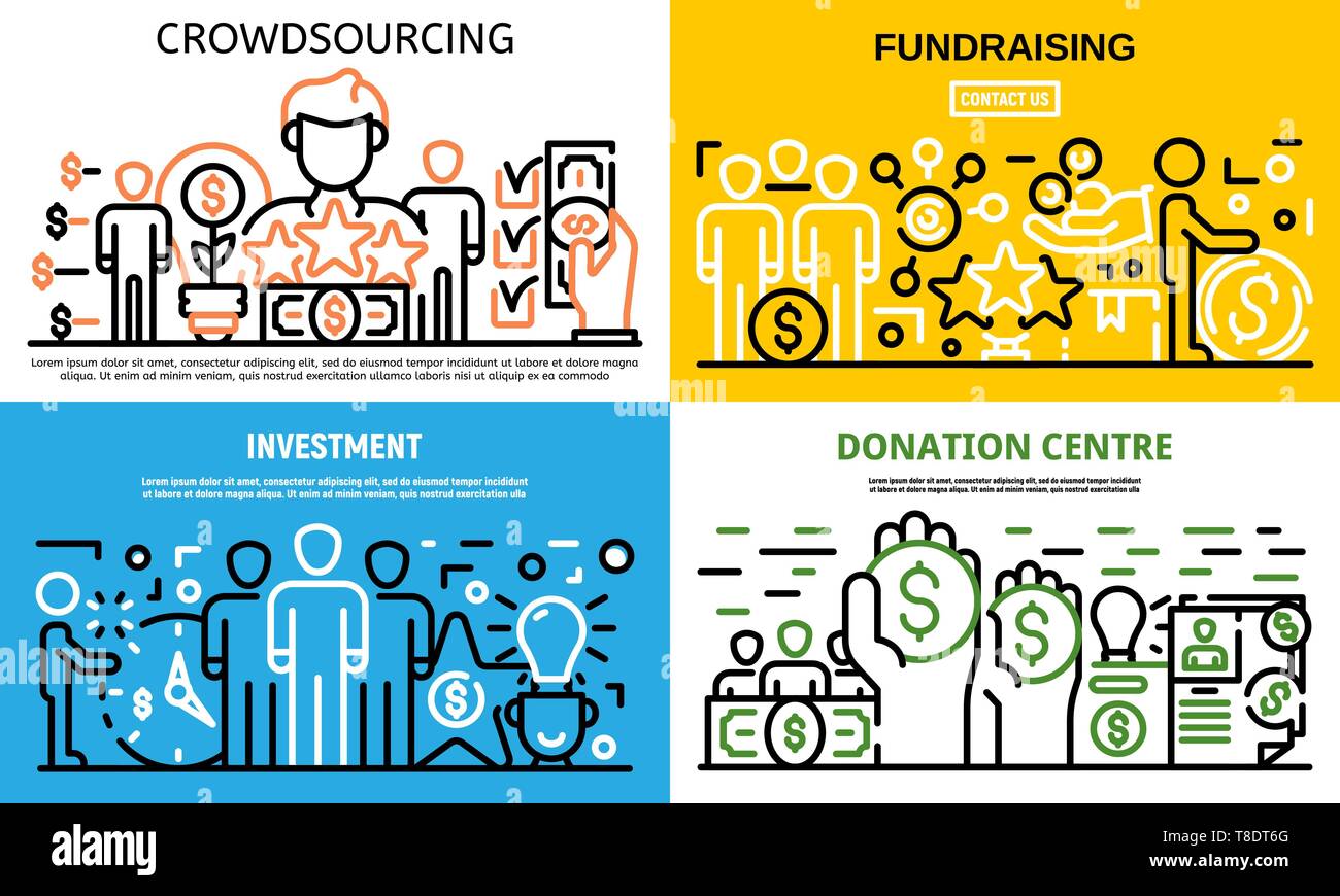 Crowdfunding idea banner set, outline style Stock Vector