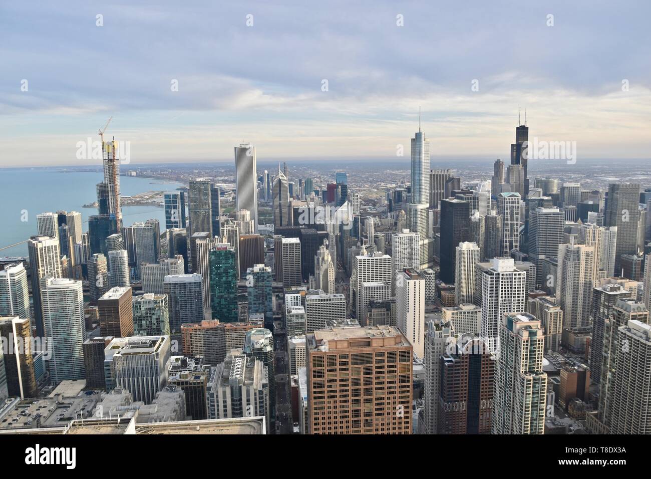 Chicago at sunset as seen from above at 360 Chicago atop the John Hancock Center, Near North Side, Magnificent Mile, Chicago, Illinois, USA Stock Photo