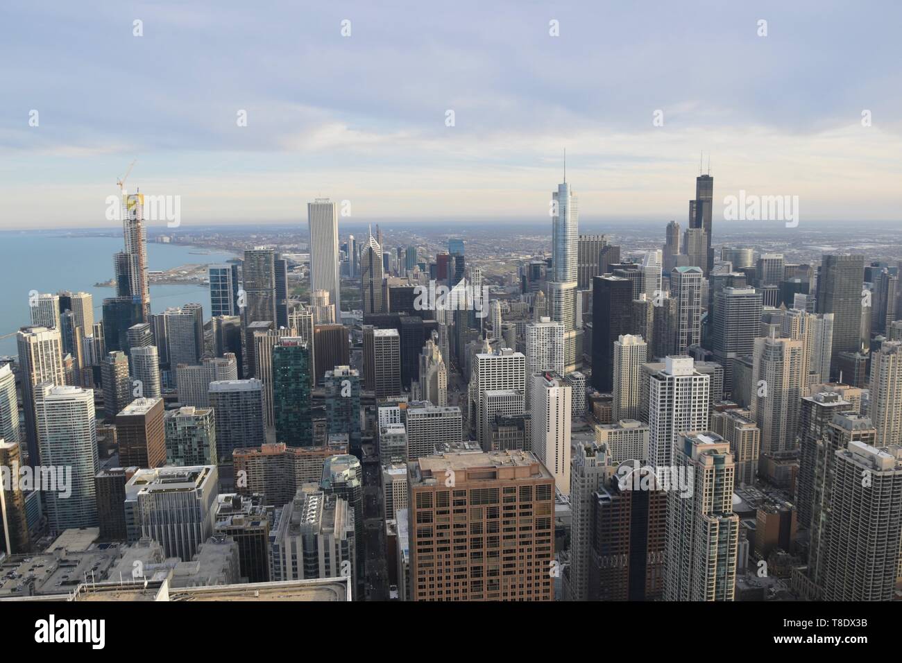 Chicago at sunset as seen from above at 360 Chicago atop the John Hancock Center, Near North Side, Magnificent Mile, Chicago, Illinois, USA Stock Photo