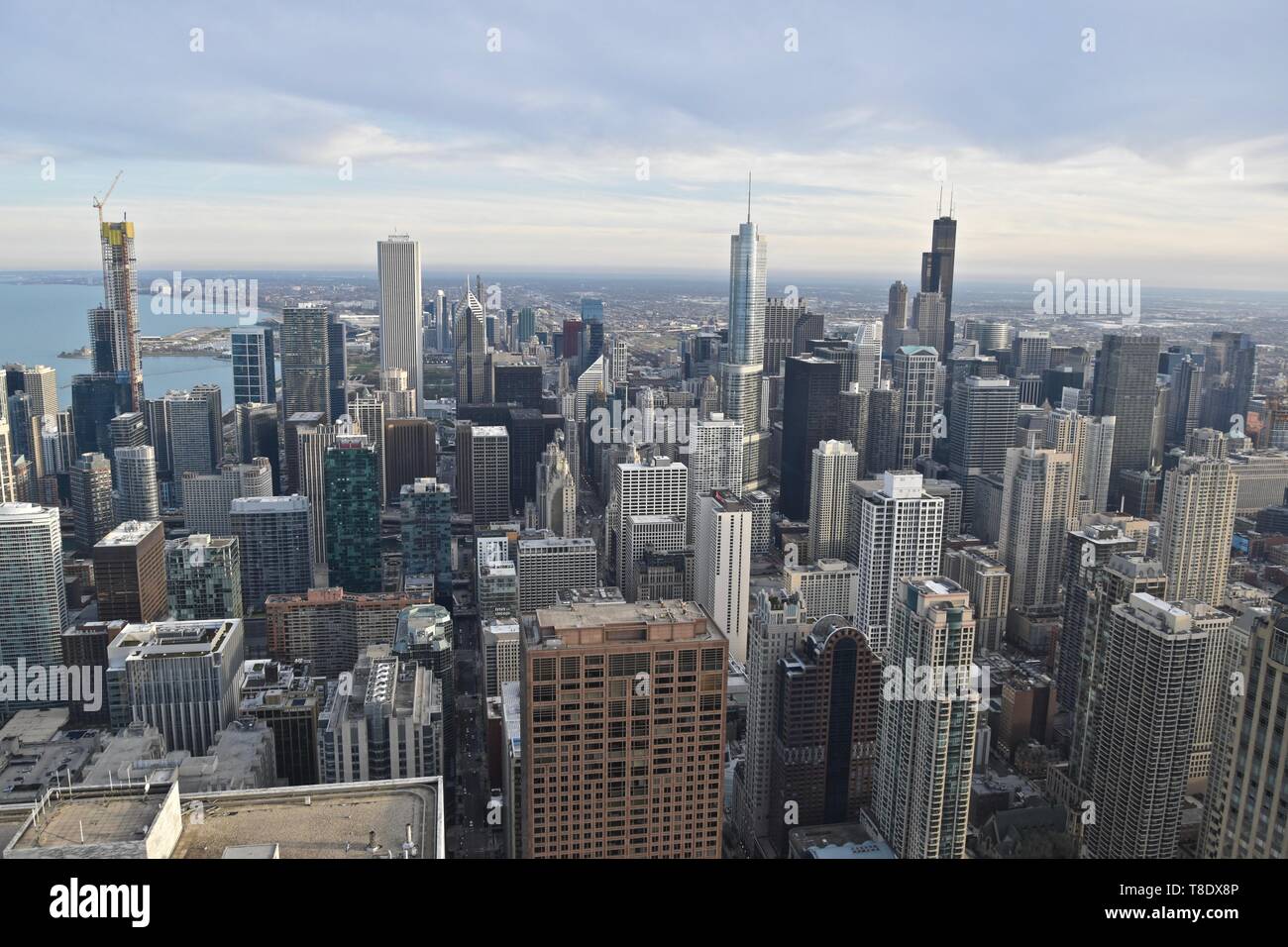 Chicago at sunset as seen from above at 360 Chicago atop the John Hancock Center, Near North Side, Magnificent Mile, Chicago, Illinois, USA Stock Photo