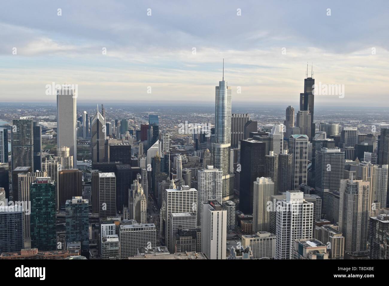 Chicago at sunset as seen from above at 360 Chicago atop the John Hancock Center, Near North Side, Magnificent Mile, Chicago, Illinois, USA Stock Photo