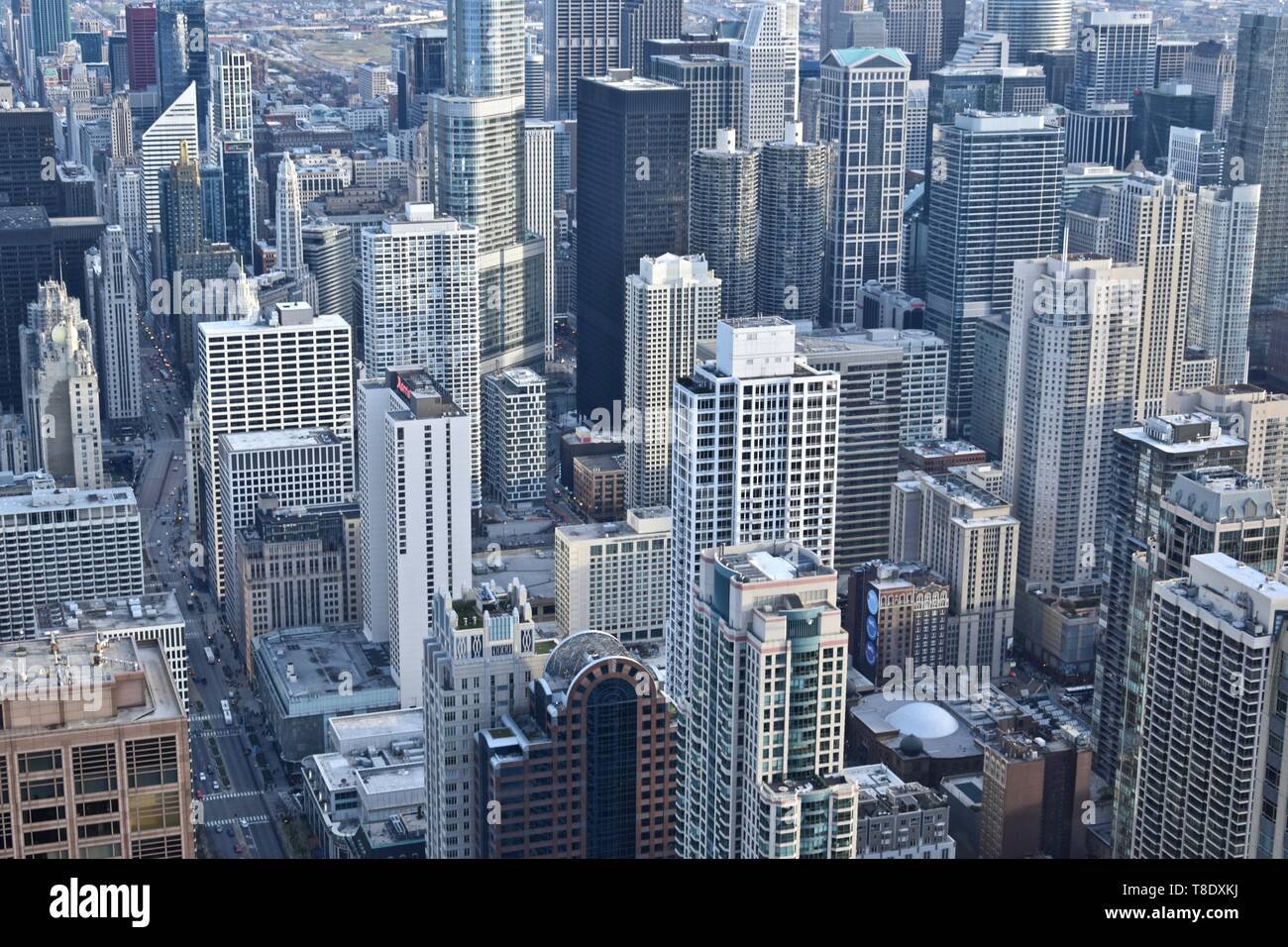 View of the Chicago skyline seen from the 360 Chicago observation deck atop the  John Hancock Center, Near North Side, Chicago, USA Stock Photo