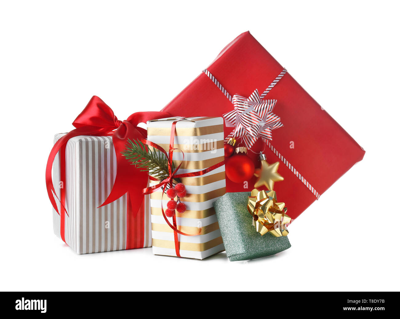 Beautiful Christmas gift boxes on white background Stock Photo - Alamy