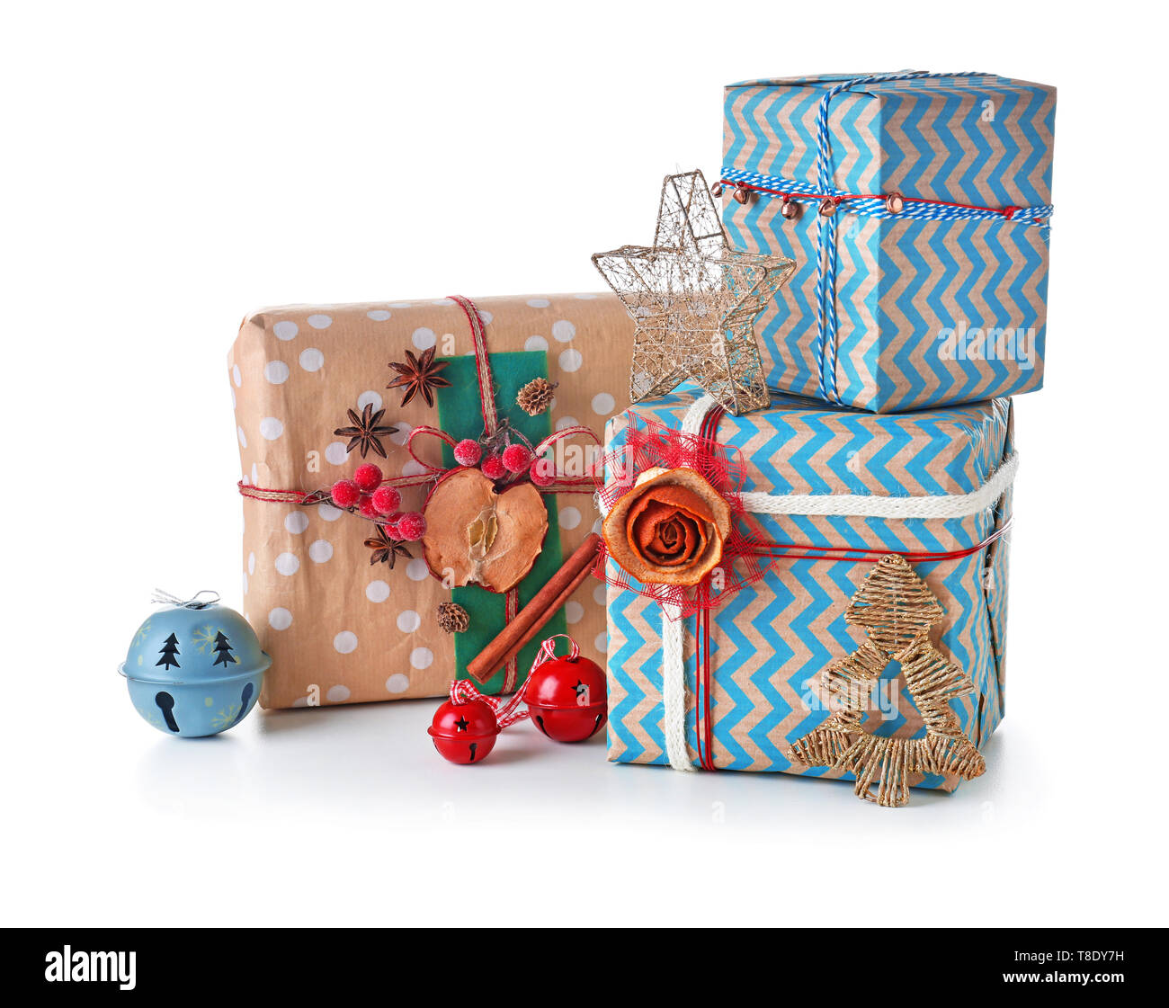 Beautiful Christmas gift boxes on white background Stock Photo - Alamy