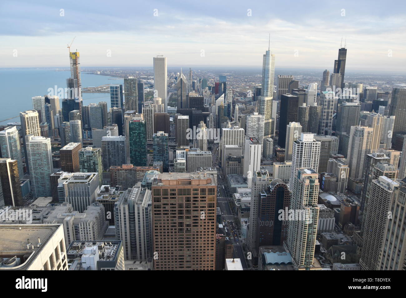 Chicago at sunset as seen from above at 360 Chicago atop the John Hancock Center, Near North Side, Magnificent Mile, Chicago, Illinois, USA Stock Photo