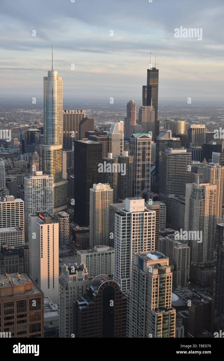 View of the Chicago skyline seen from the 360 Chicago observation deck atop the  John Hancock Center, Near North Side, Chicago, USA Stock Photo